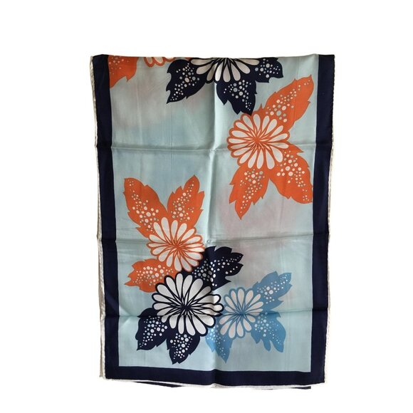 Long Floral Scarf Blue Orange White Print Vintage Accessory - Picture 4 of 5